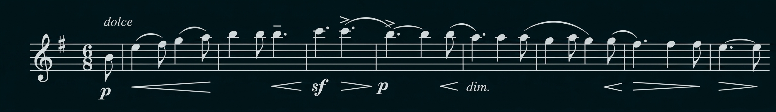 Notenlinie mit musikalischen Symbolen und Dynamikangaben wie p, sf und dim.